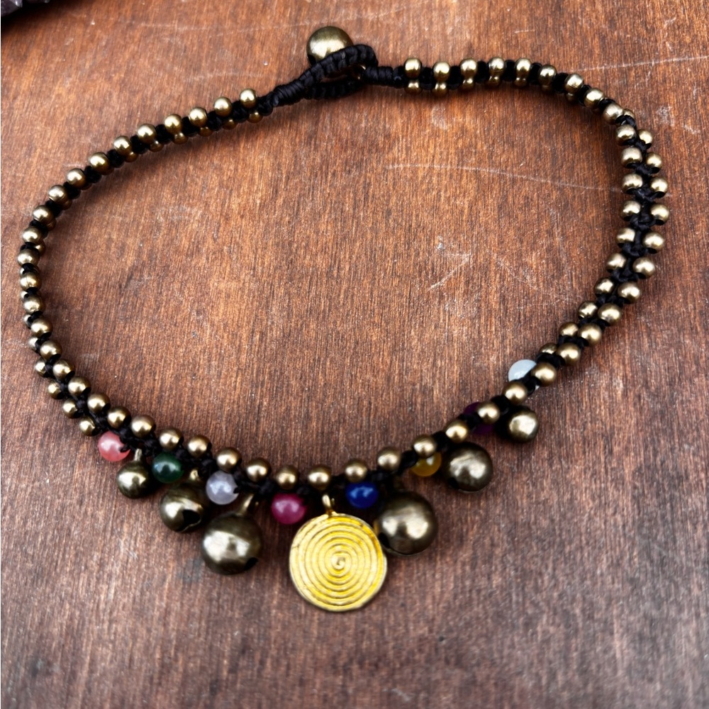 Gold Beaded ankle bracelet with Multicolor Accent Beads and Spiral Pendant